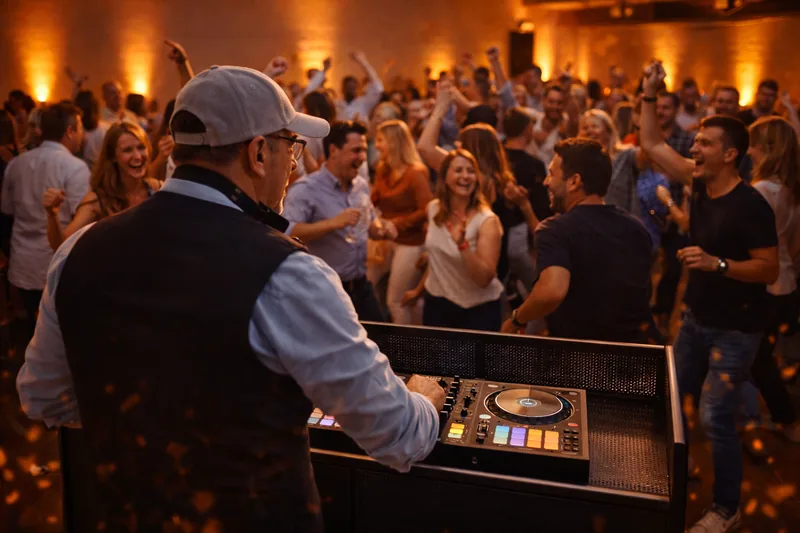 DJ Rico Cinsano legt bei einer Hochzeitsfeier auf, tanzende Gäste im Hintergrund