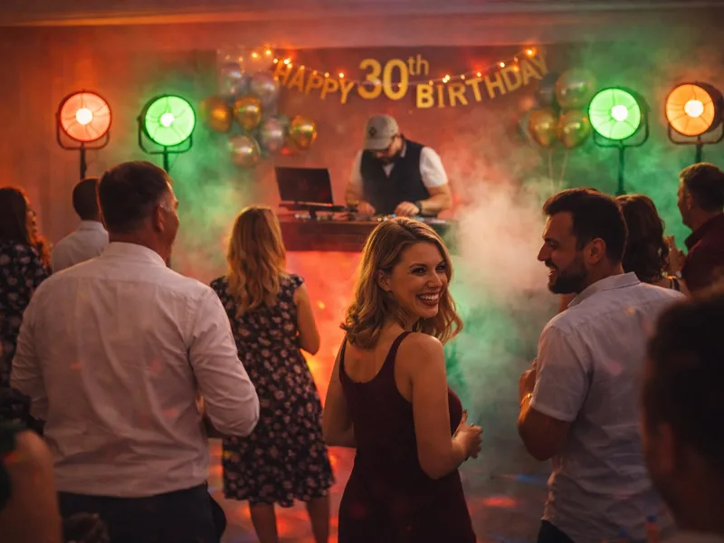 Geburtstagsparty mit DJ und bunten Lichtern, lachende Frau im roten Kleid auf der Tanzfläche