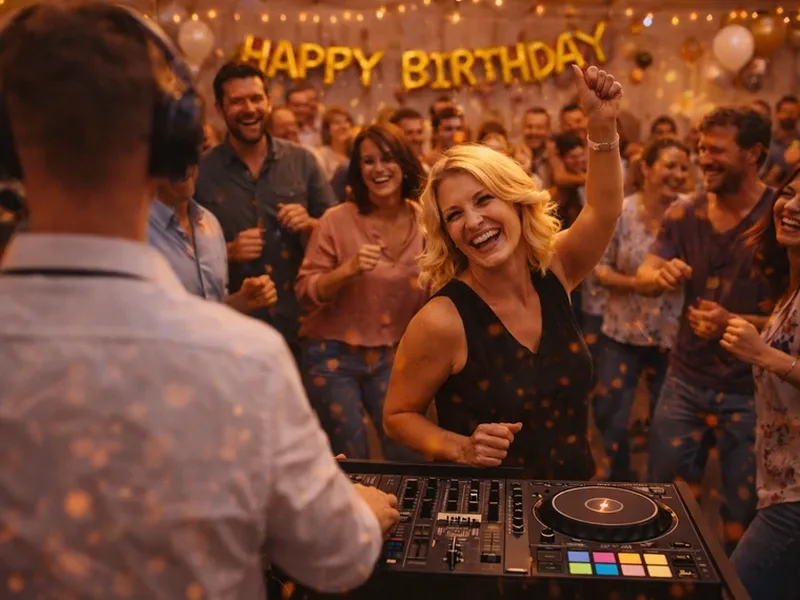 Geburtstagsfeier mit DJ, Happy Birthday Deko und jubelnden Gästen auf der Tanzfläche