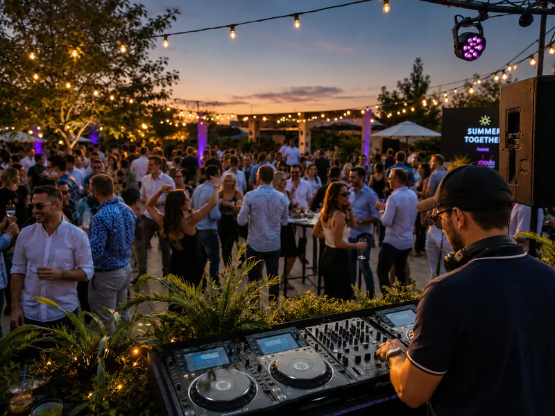 Sommerfest mit DJ, Musik und Gästen im Außenbereich