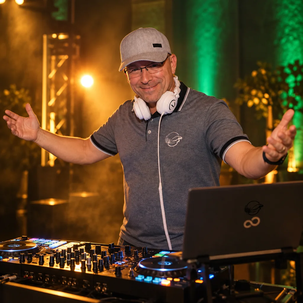 DJ Rico Cinsano am DJ-Pult mit weißen Kopfhörern um den Hals und ausgebreiteten Armen