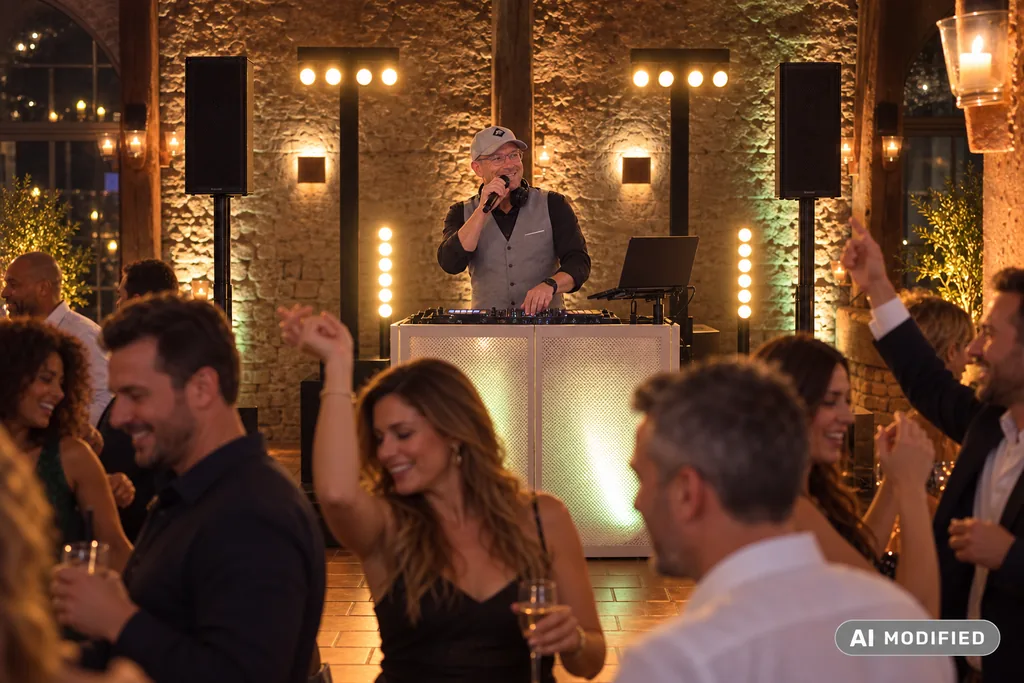 DJ Rico Cinsano mit Mikrofon am DJ-Pult auf Schloss Neuburg an der Kammel, davor tanzende Gäste