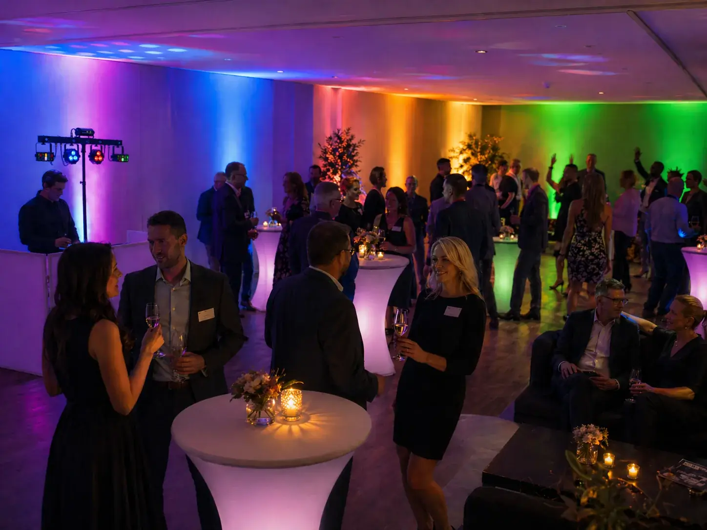 Event-DJ bei einer öffentlichen Veranstaltung mit Bühne, Publikum und Lichttechnik