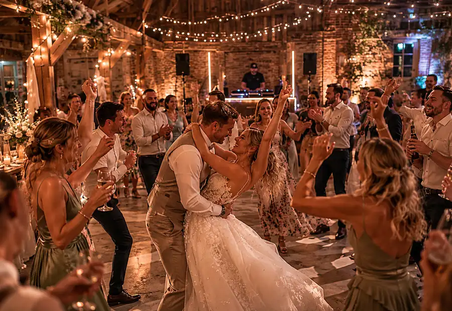 Hochzeitsparty in einer stilvollen Location mit Gästen und DJ