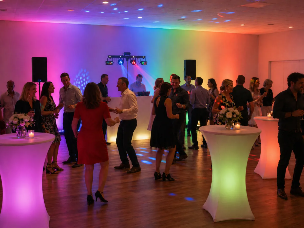 Firmenfeier-DJ Augsburg mit Tanzfläche, Stehtischen und professioneller Lichttechnik