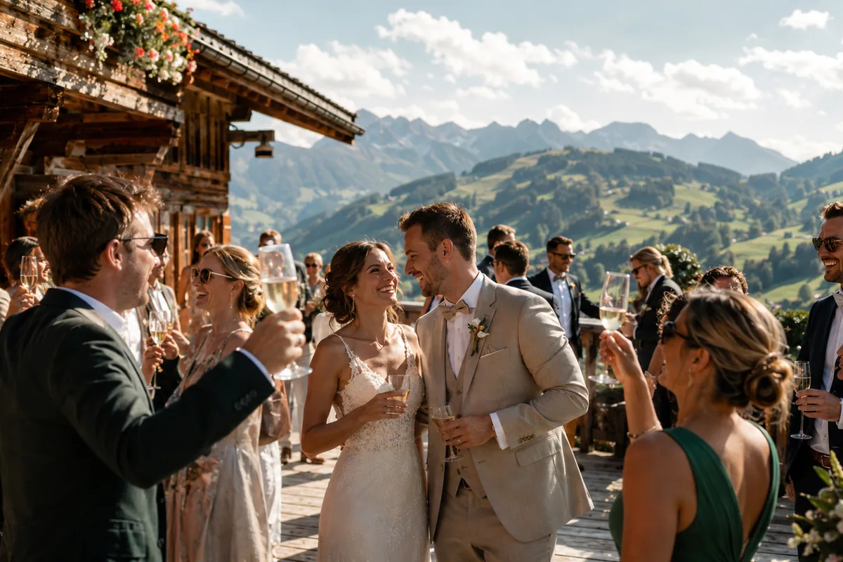 Hochzeits-DJ im Allgäu beim Sektempfang mit Bergpanorama