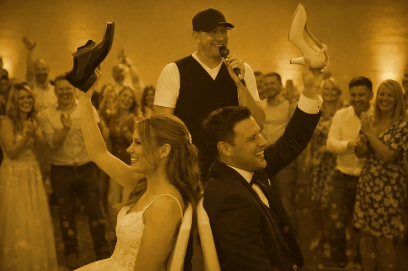 Brautpaar beim Schuhspiel mit Hochzeits-DJ Rico Cinsano an der Hochzeit