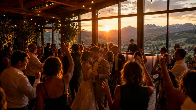 Hochzeitsparty im Allgäu mit DJ und Bergblick