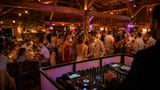 Hüttenhochzeit im Allgäu mit Brautpaar und Gästen