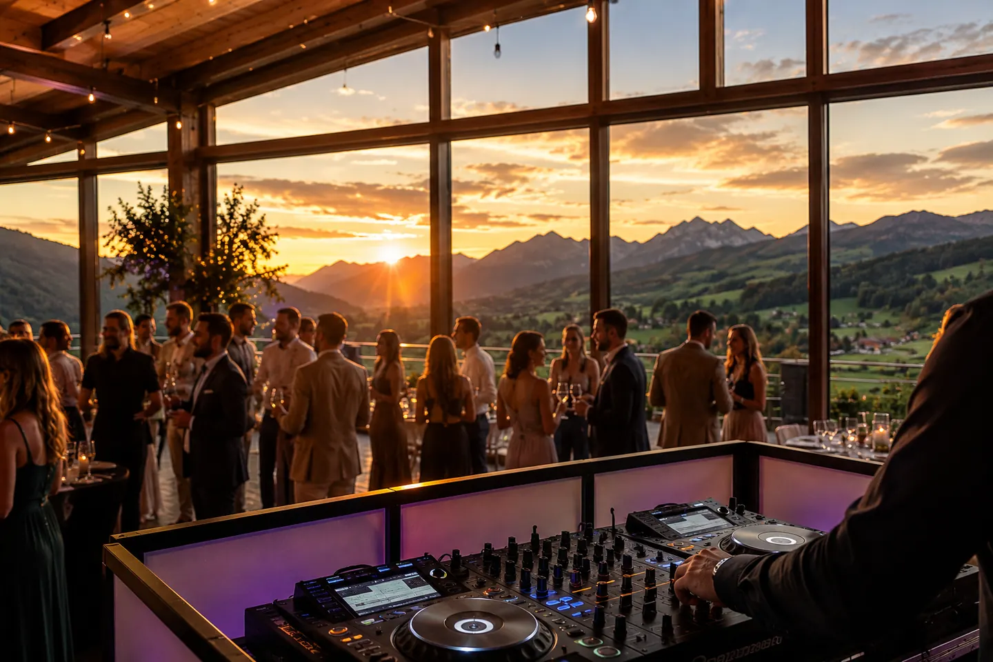 Hochzeit im Allgäu mit Alpenpanorama, Brautpaar und Gästen