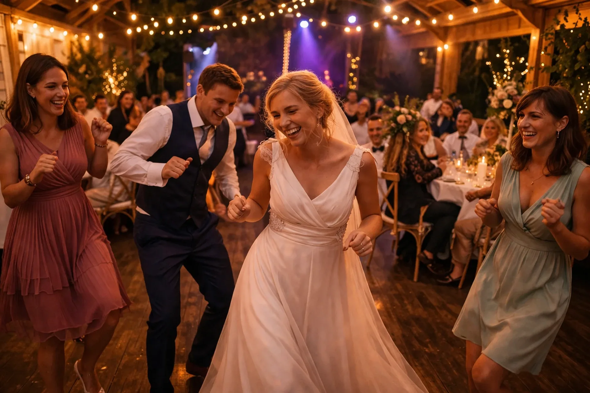 Hochzeitstanz in Fischach, Braut tanzt mit Gästen