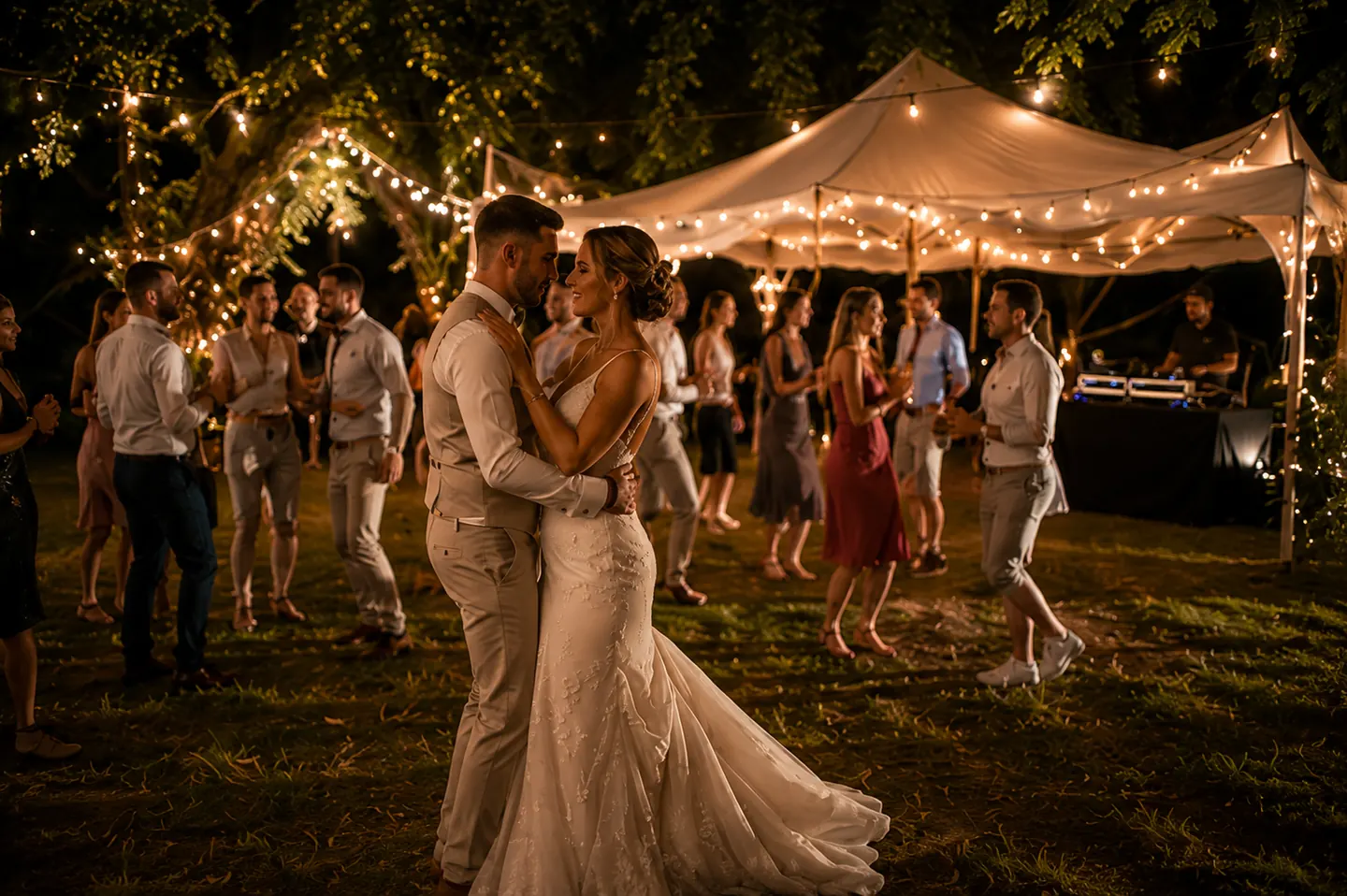 Hochzeitsparty mit Brautpaar, Gästen und DJ in festlicher Location