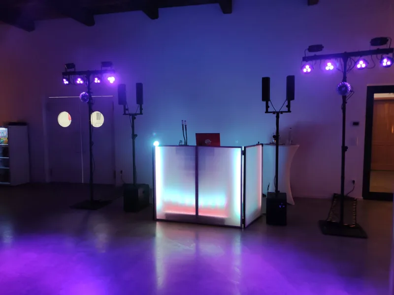 Hochzeits-DJ Kaltmühle – Blick auf den Eventsaal mit festlichen Tischen und jubelnden Hochzeitsgästen