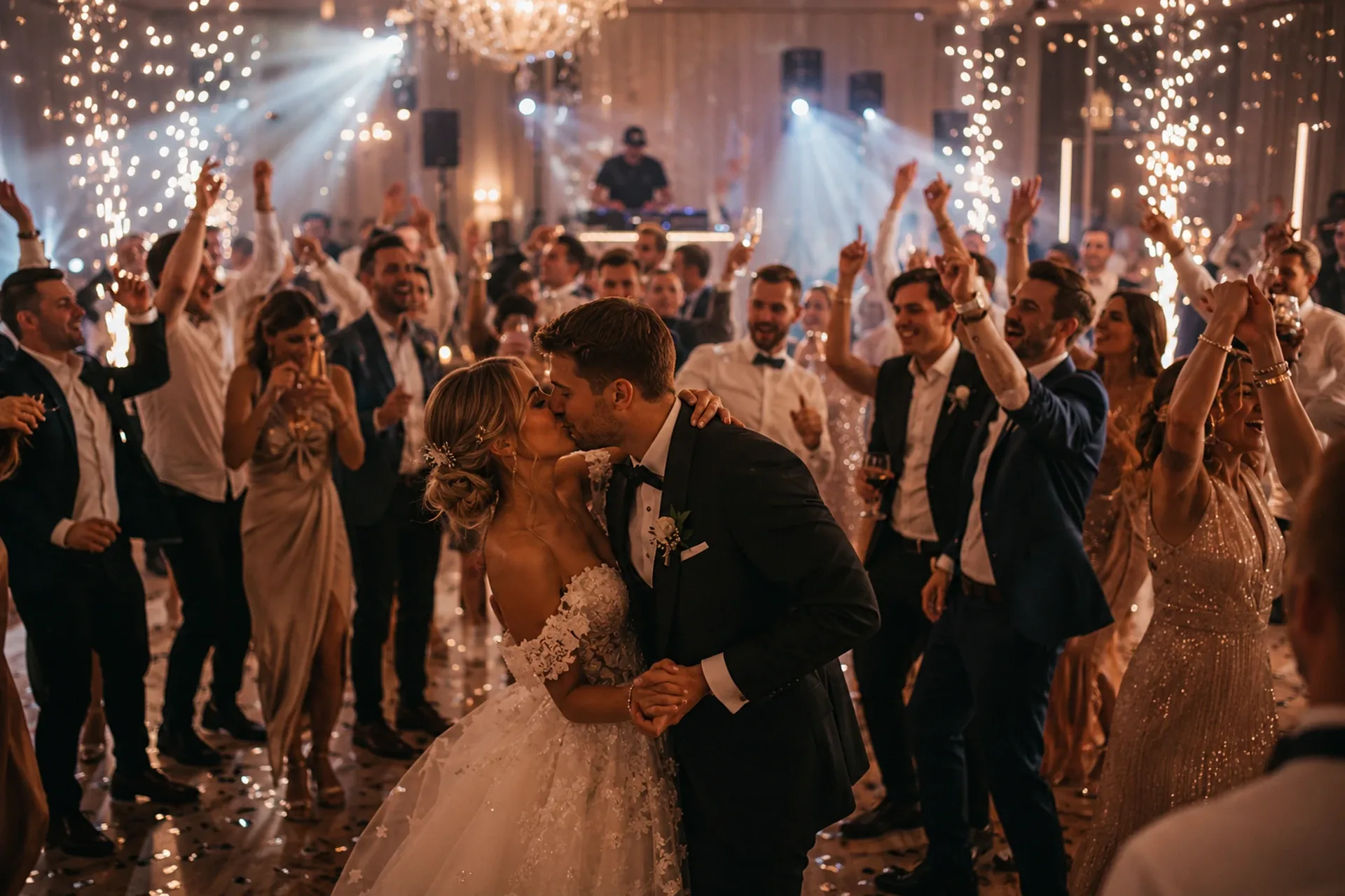 Brautpaar küsst sich umgeben von Wunderkerzen auf der Hochzeit in Kissing und Mering