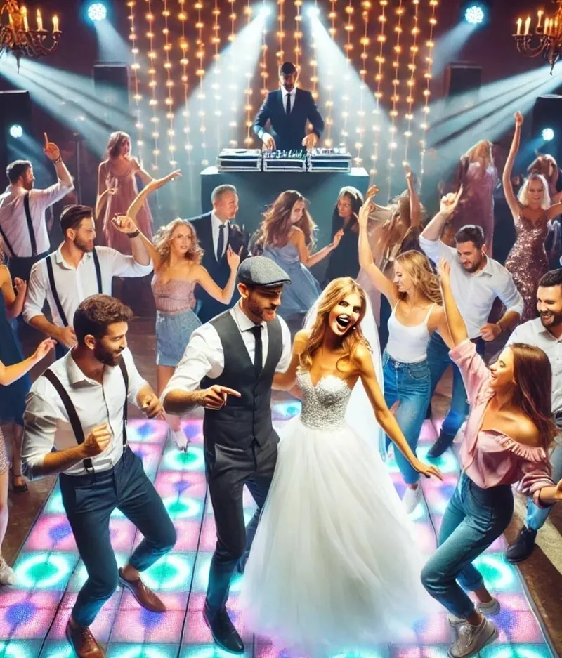 Hochzeitsparty mit Brautpaar und Gästen auf der Tanzfläche