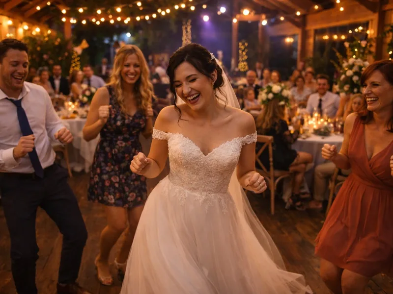 Braut tanzt lachend zwischen den Gästen auf einer Hochzeit am Baggersee